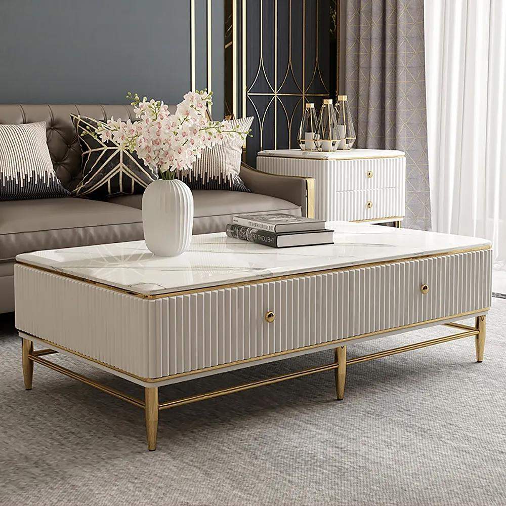 White Faux Marble Rectangle Coffee Table in Gold with Storage 4 Drawers 51.2"-Richsoul-Coffee Tables,Furniture,Living Room Furniture