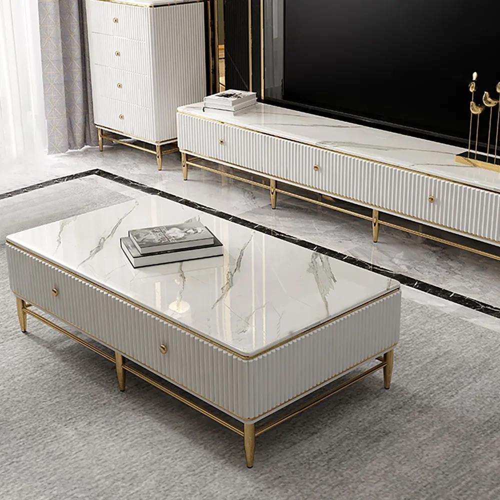 White Faux Marble Rectangle Coffee Table in Gold with Storage 4 Drawers 51.2"-Richsoul-Coffee Tables,Furniture,Living Room Furniture
