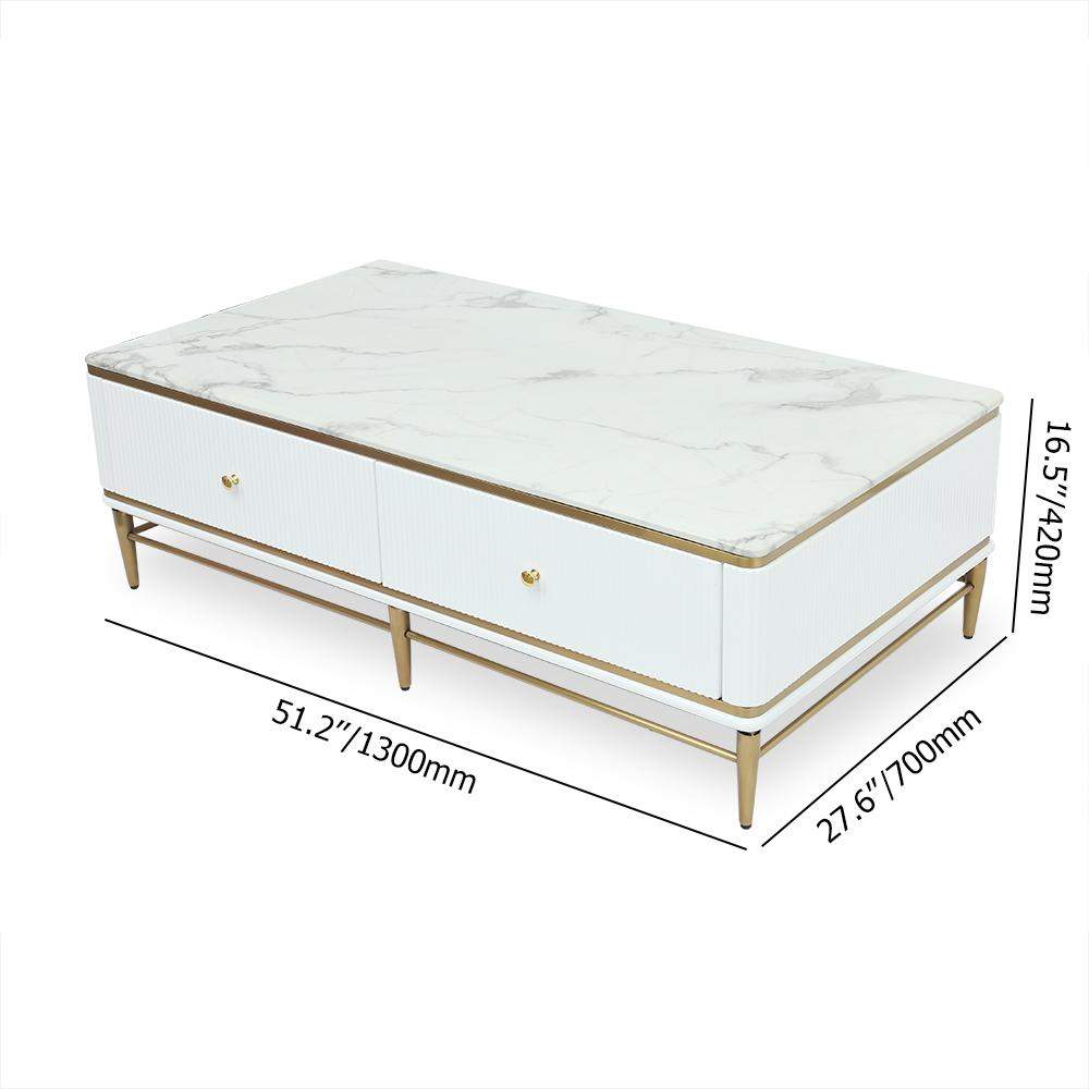 White Faux Marble Rectangle Coffee Table in Gold with Storage 4 Drawers 51.2"-Richsoul-Coffee Tables,Furniture,Living Room Furniture