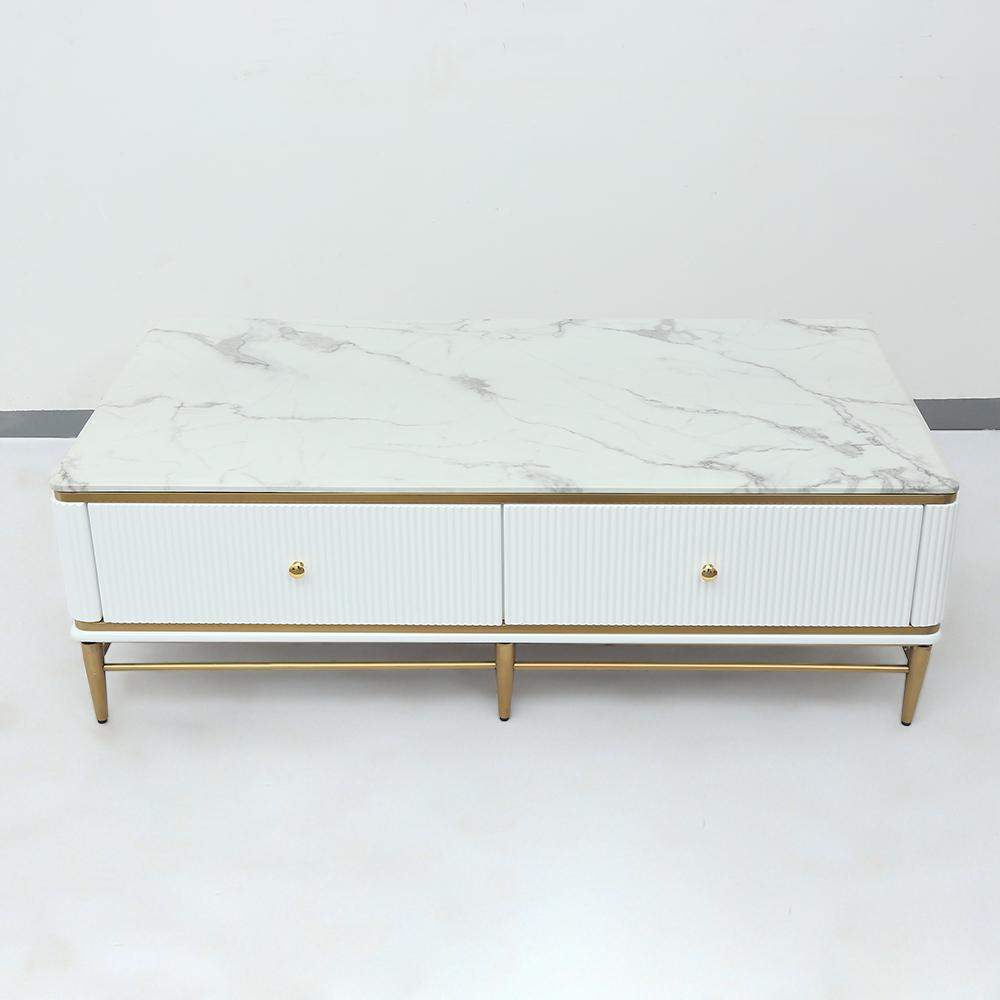 White Faux Marble Rectangle Coffee Table in Gold with Storage 4 Drawers 51.2"-Richsoul-Coffee Tables,Furniture,Living Room Furniture