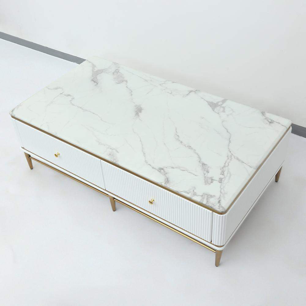 White Faux Marble Rectangle Coffee Table in Gold with Storage 4 Drawers 51.2"-Richsoul-Coffee Tables,Furniture,Living Room Furniture