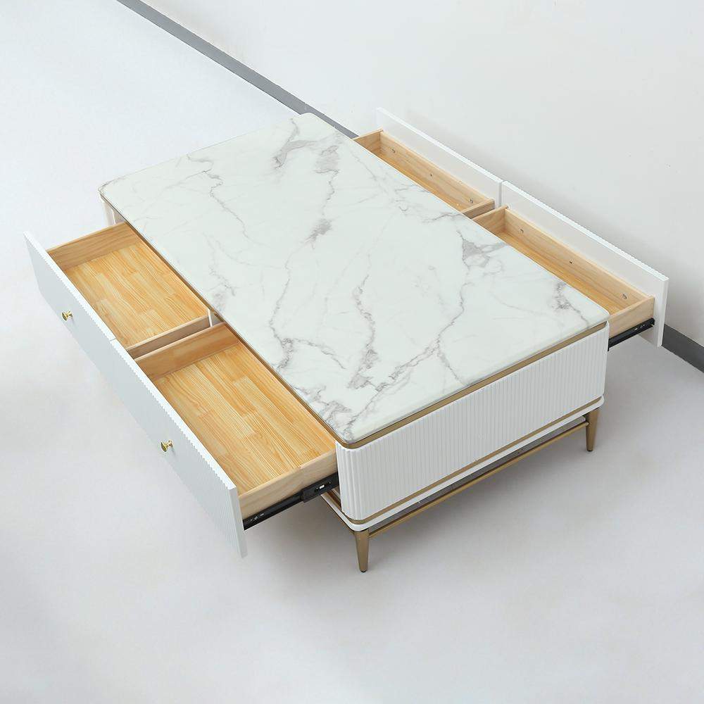 White Faux Marble Rectangle Coffee Table in Gold with Storage 4 Drawers 51.2"-Richsoul-Coffee Tables,Furniture,Living Room Furniture