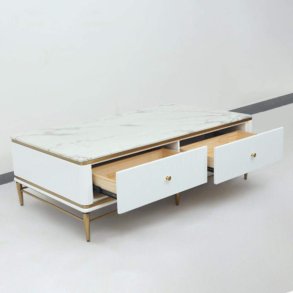 White Faux Marble Rectangle Coffee Table in Gold with Storage 4 Drawers 51.2"-Richsoul-Coffee Tables,Furniture,Living Room Furniture