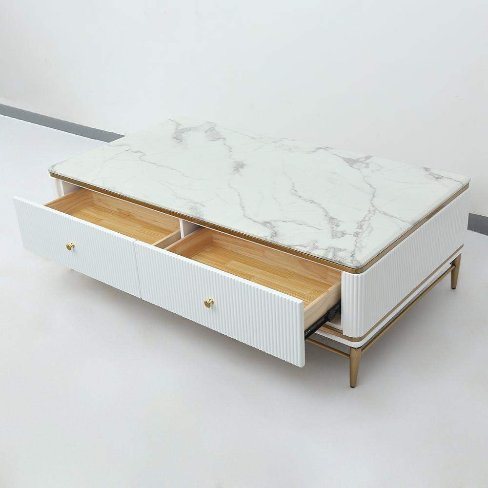 White Faux Marble Rectangle Coffee Table in Gold with Storage 4 Drawers 51.2"-Richsoul-Coffee Tables,Furniture,Living Room Furniture