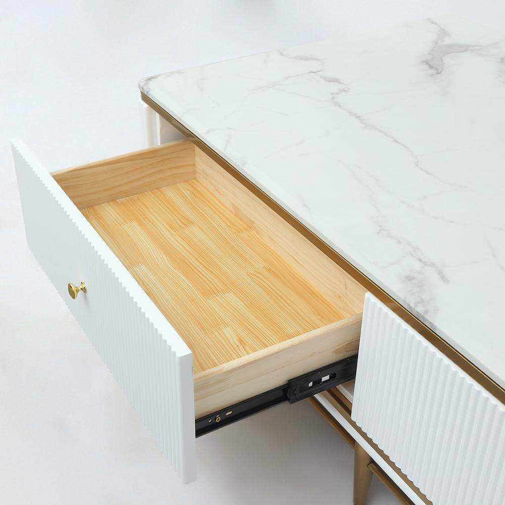 White Faux Marble Rectangle Coffee Table in Gold with Storage 4 Drawers 51.2"-Richsoul-Coffee Tables,Furniture,Living Room Furniture