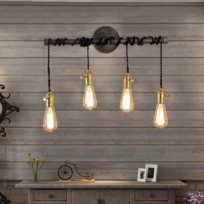 Industrial 4-Light Plumbing Pipe Hanging Exposed Bulb Metal Wall Light in Brushed Black