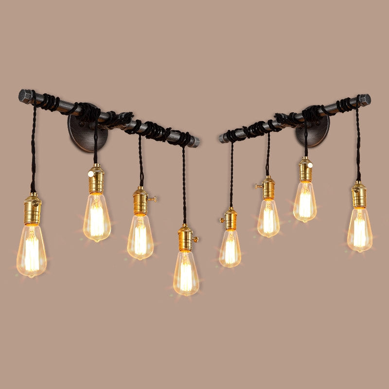 Industrial 4-Light Plumbing Pipe Hanging Exposed Bulb Metal Wall Light in Brushed Black