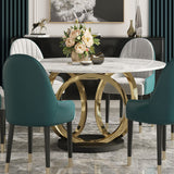 Modern Round White Dining Table for 6 Person Marble Top Gold & Black Pedestal