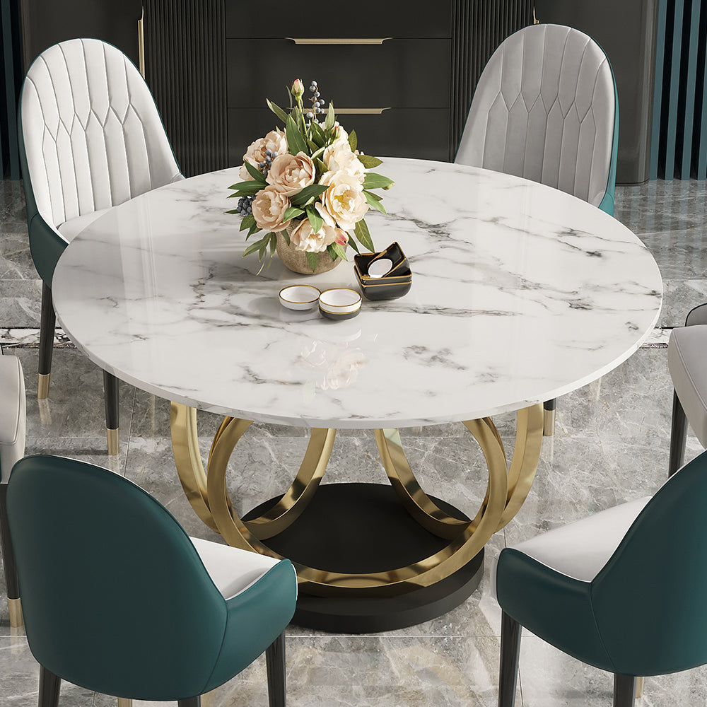 Modern Round White Dining Table for 6 Person Marble Top Gold & Black Pedestal