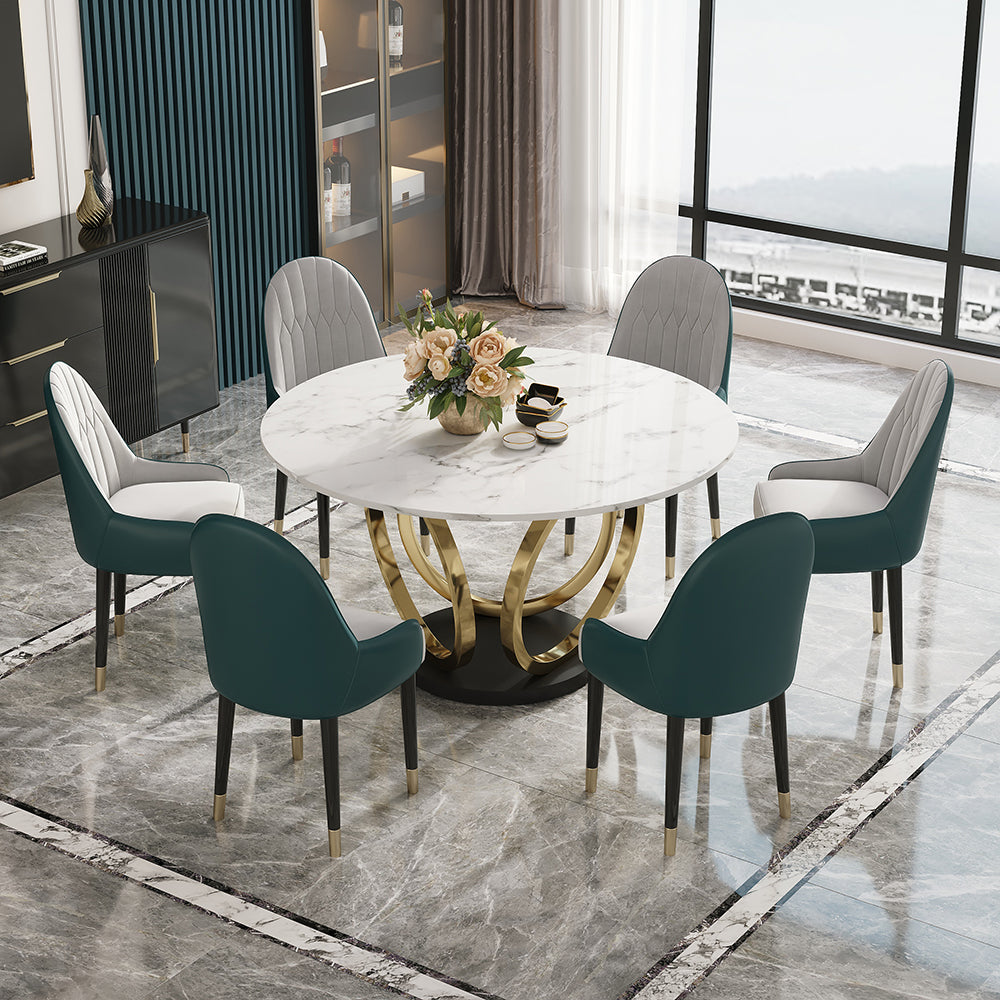 Modern Round White Dining Table for 6 Person Marble Top Gold & Black Pedestal