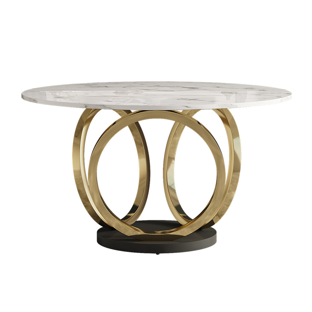 Modern Round White Dining Table for 6 Person Marble Top Gold & Black Pedestal