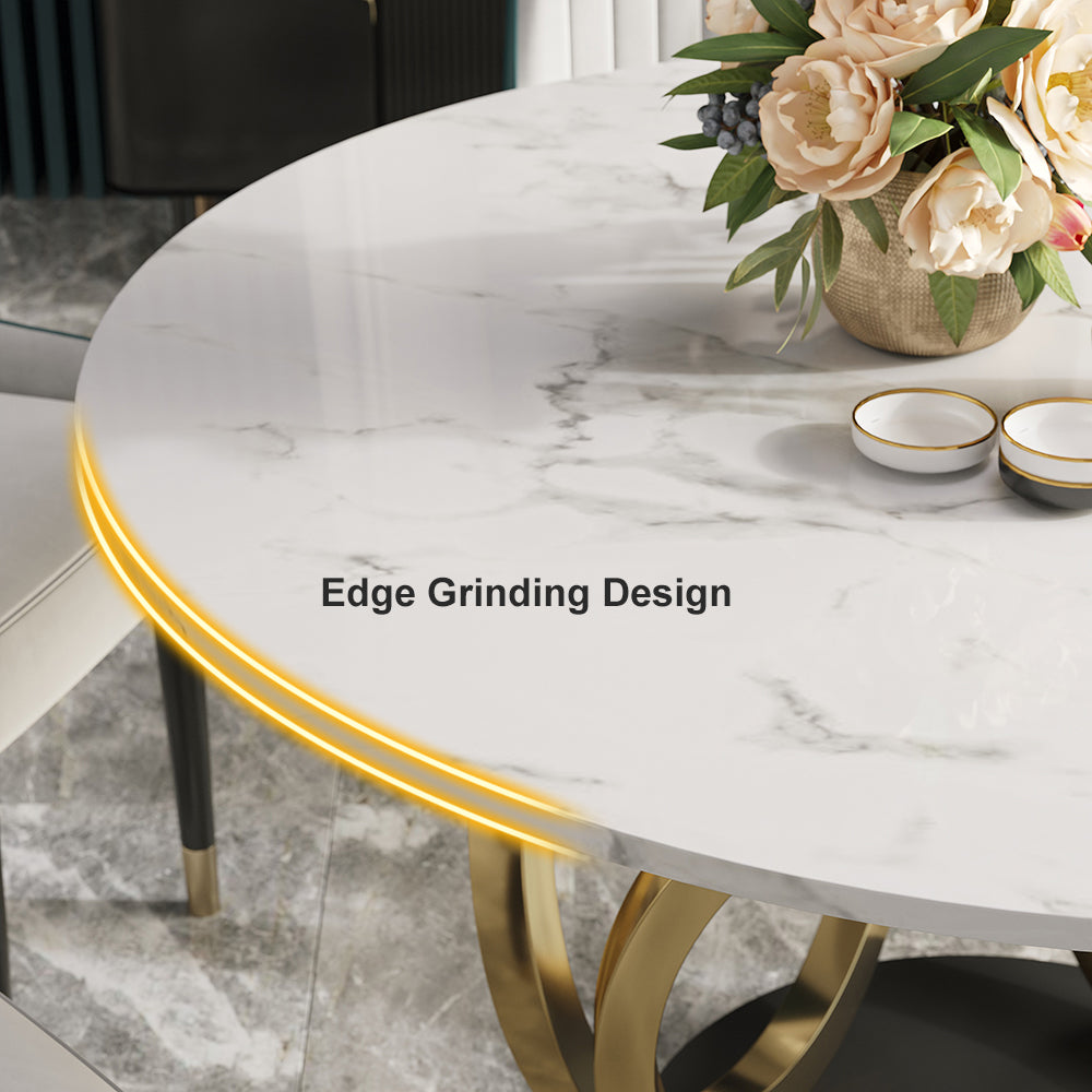 Modern Round White Dining Table for 6 Person Marble Top Gold & Black Pedestal