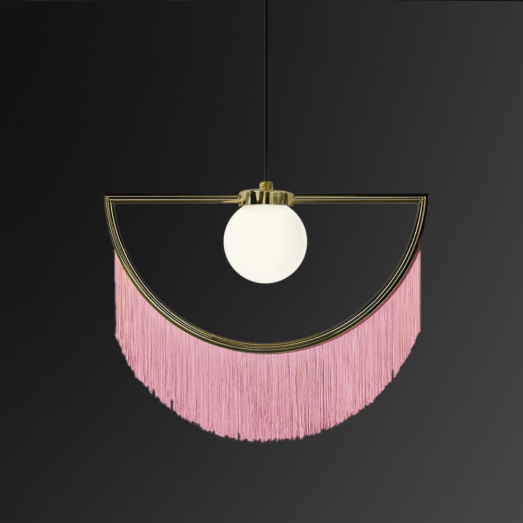 Stylish Dreamy Pink Tassel Pendant Light Fringe Half-Moon Gold Pendant Lamp with Globe Shade