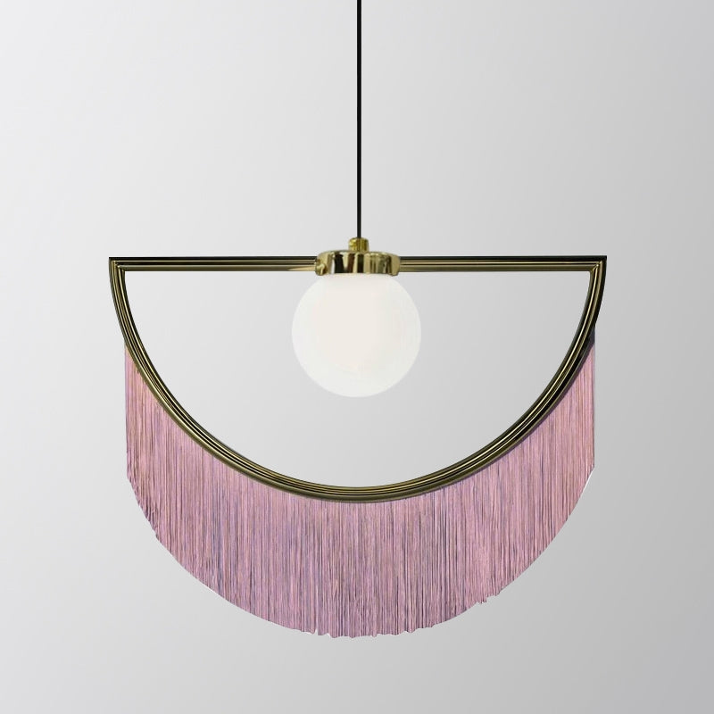 Stylish Dreamy Pink Tassel Pendant Light Fringe Half-Moon Gold Pendant Lamp with Globe Shade