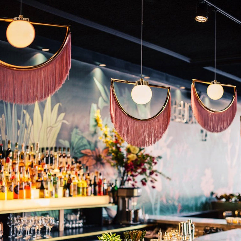 Stylish Dreamy Pink Tassel Pendant Light Fringe Half-Moon Gold Pendant Lamp with Globe Shade
