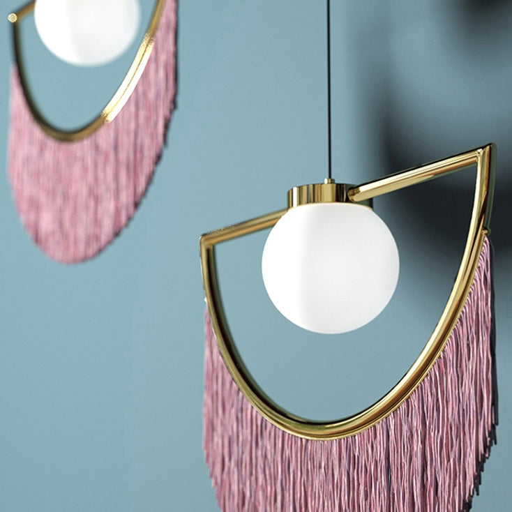 Stylish Dreamy Pink Tassel Pendant Light Fringe Half-Moon Gold Pendant Lamp with Globe Shade