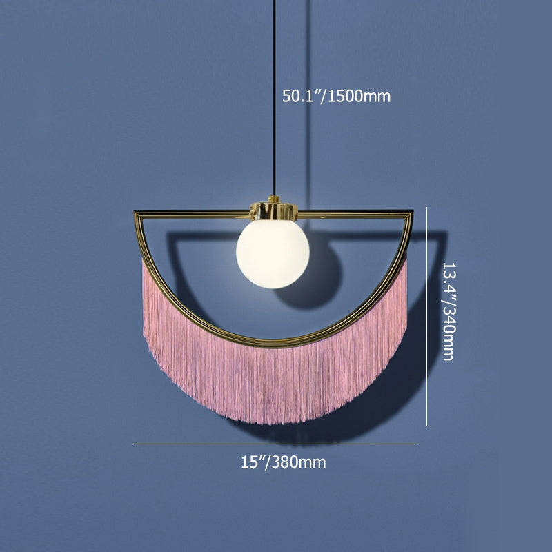 Stylish Dreamy Pink Tassel Pendant Light Fringe Half-Moon Gold Pendant Lamp with Globe Shade