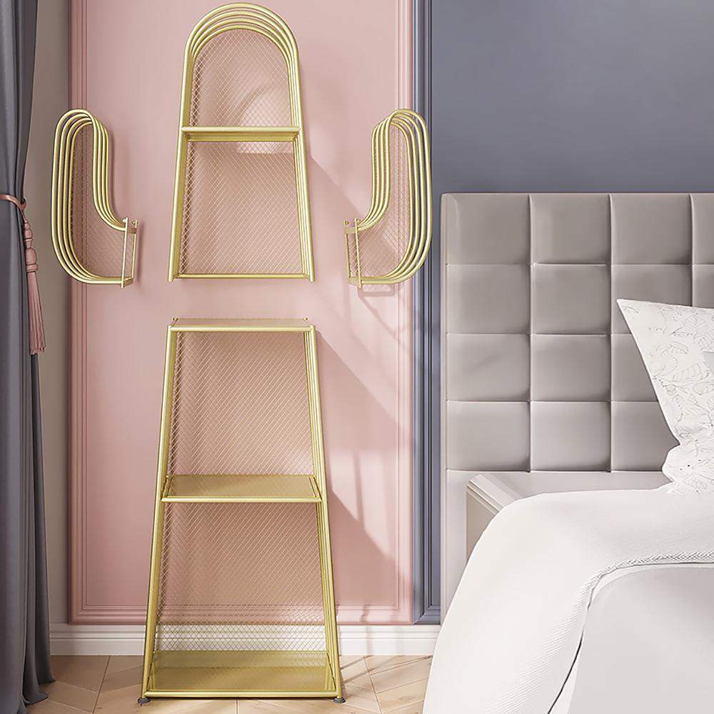 Gold Nightstand Shelf Metal Cactus Shape Bedside Shelves Modern Wall Decor Bedroom-Bookcases & Bookshelves,Furniture,Office Furniture