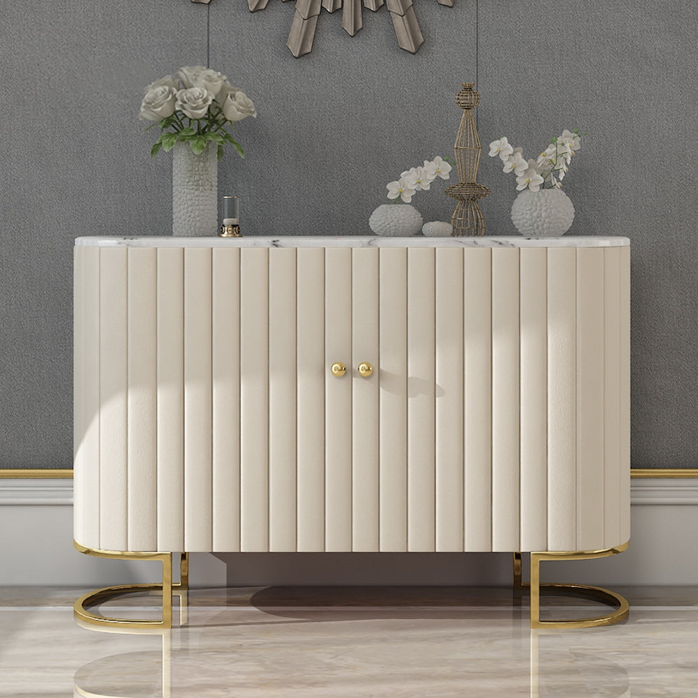 Off White Modern Sideboard Buffet PU Leather Sideboard Cabinet with Doors&Drawers in Gold