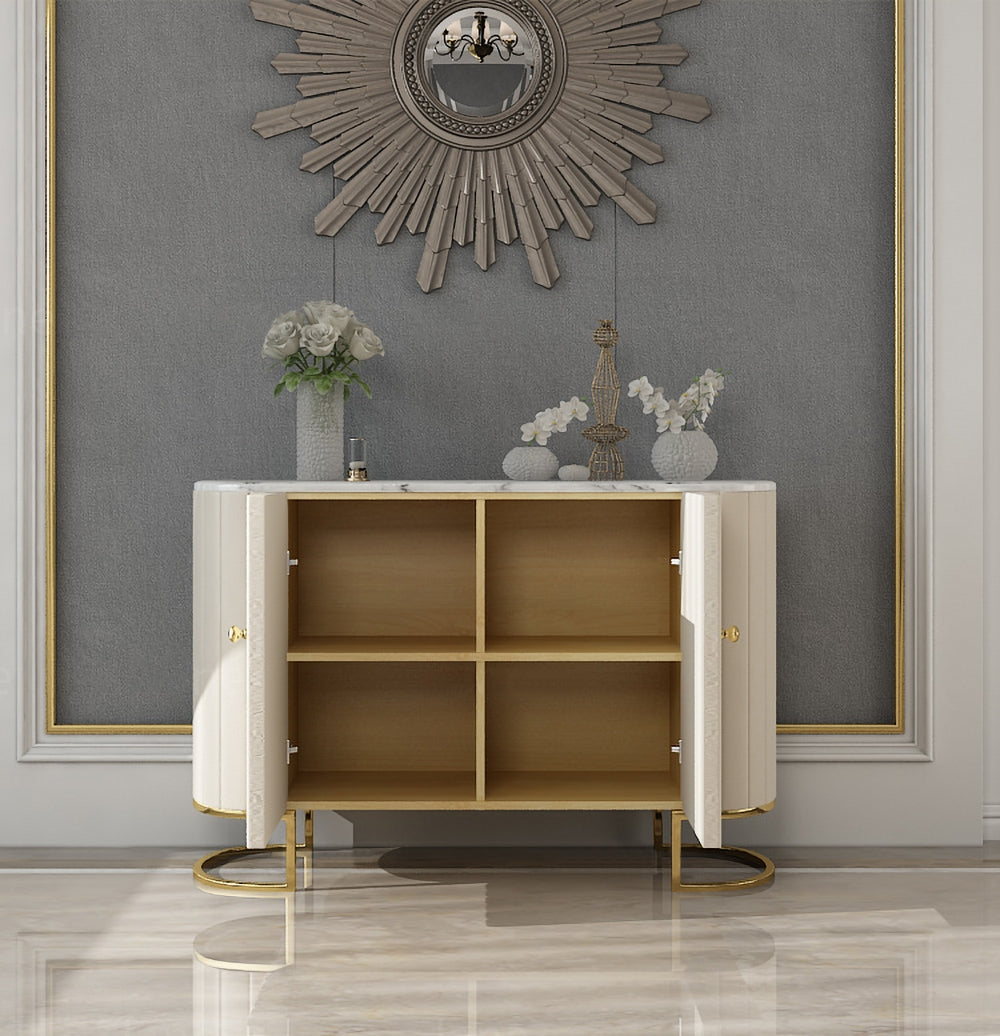 Off White Modern Sideboard Buffet PU Leather Sideboard Cabinet with Doors&Drawers in Gold