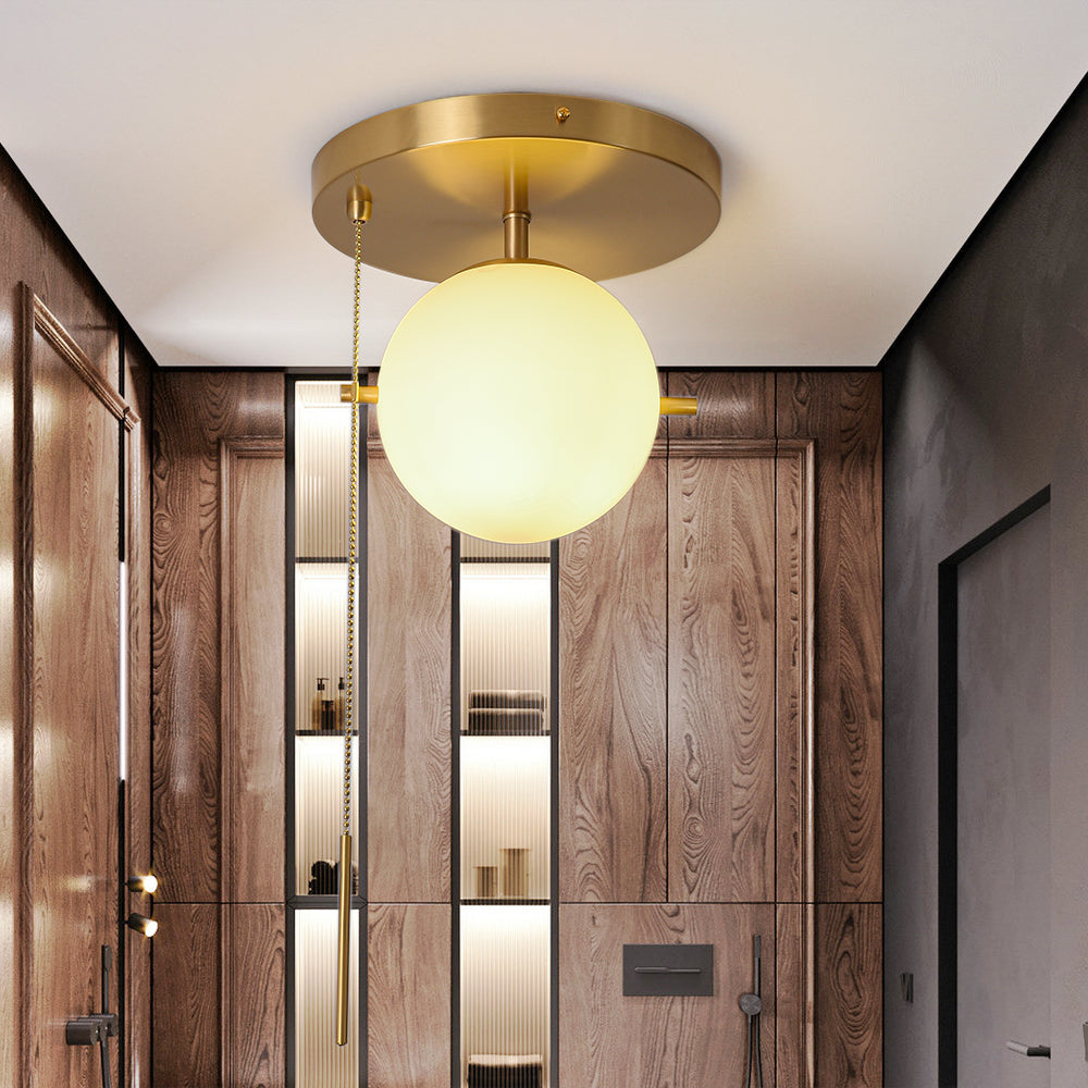 Gidu Mid-Century Pull Chain Ceiling Light Globe Glass Shade Semi Flush Mount Metal in Gold