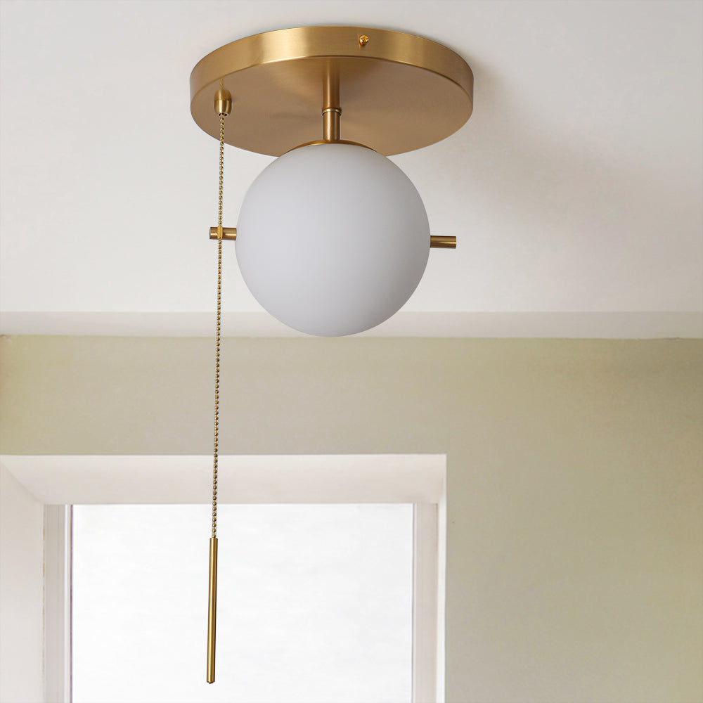 Gidu Mid-Century Pull Chain Ceiling Light Globe Glass Shade Semi Flush Mount Metal in Gold