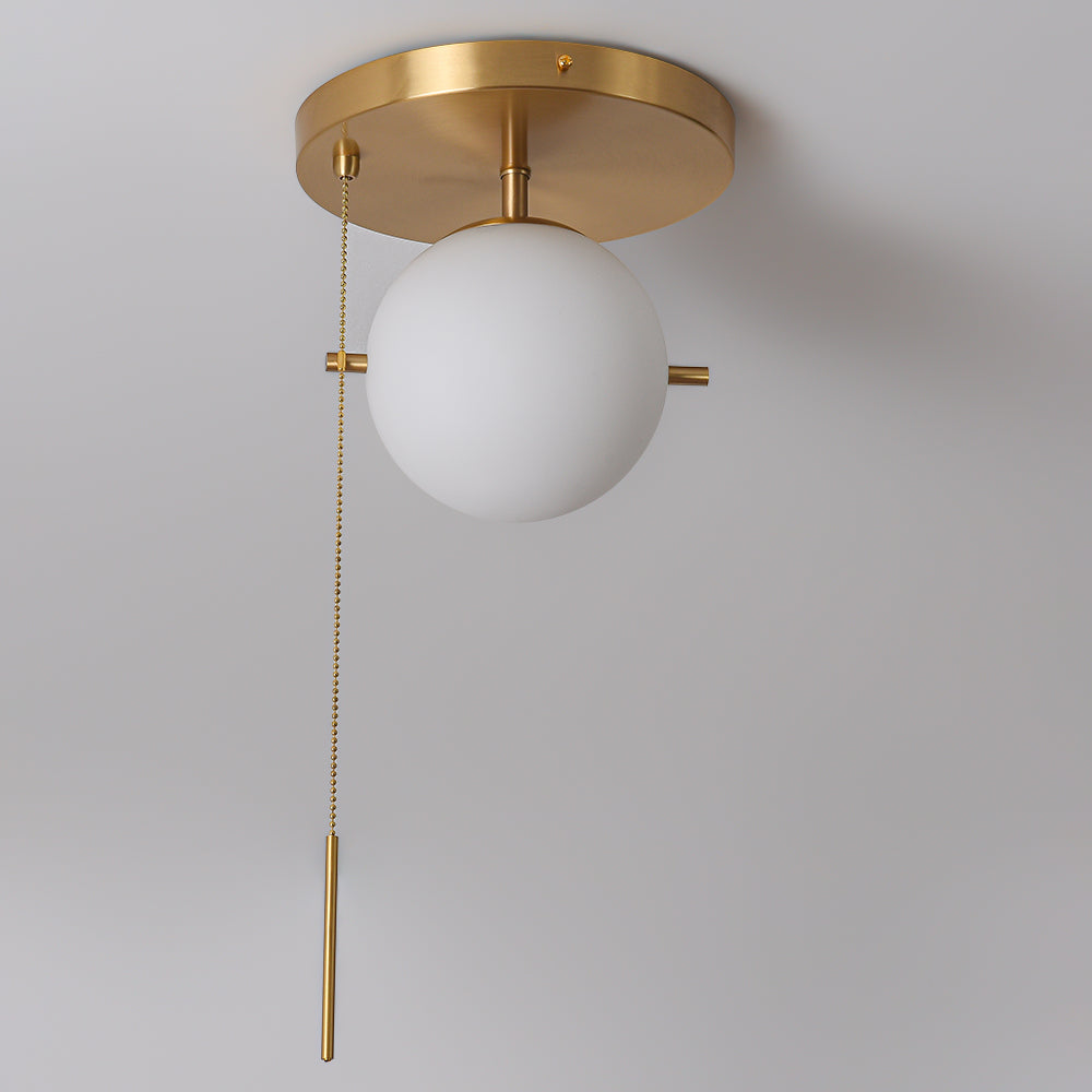 Gidu Mid-Century Pull Chain Ceiling Light Globe Glass Shade Semi Flush Mount Metal in Gold