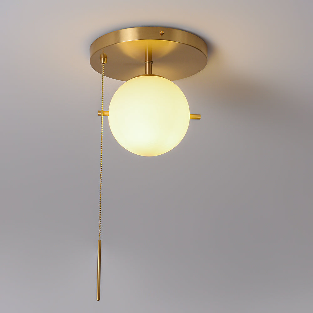 Gidu Mid-Century Pull Chain Ceiling Light Globe Glass Shade Semi Flush Mount Metal in Gold