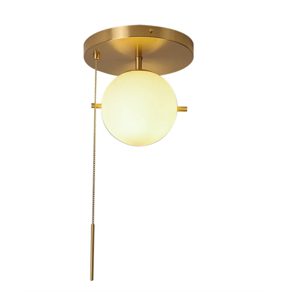 Gidu Mid-Century Pull Chain Ceiling Light Globe Glass Shade Semi Flush Mount Metal in Gold