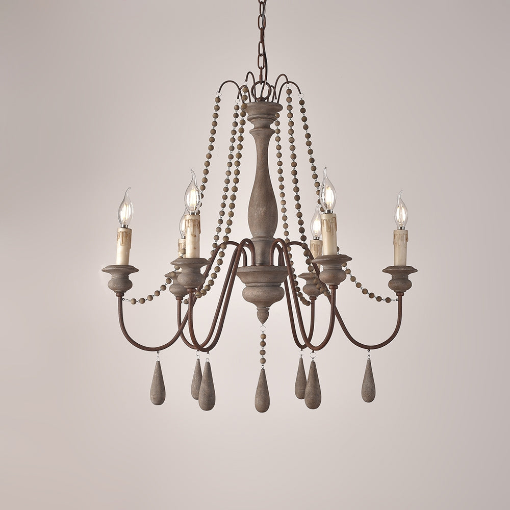 French Country Candle-Style 6-Light Wood Bead Swag 1-Tier Wooden Chandelier Gray