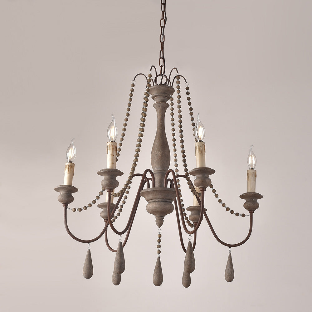 French Country Candle-Style 6-Light Wood Bead Swag 1-Tier Wooden Chandelier Gray