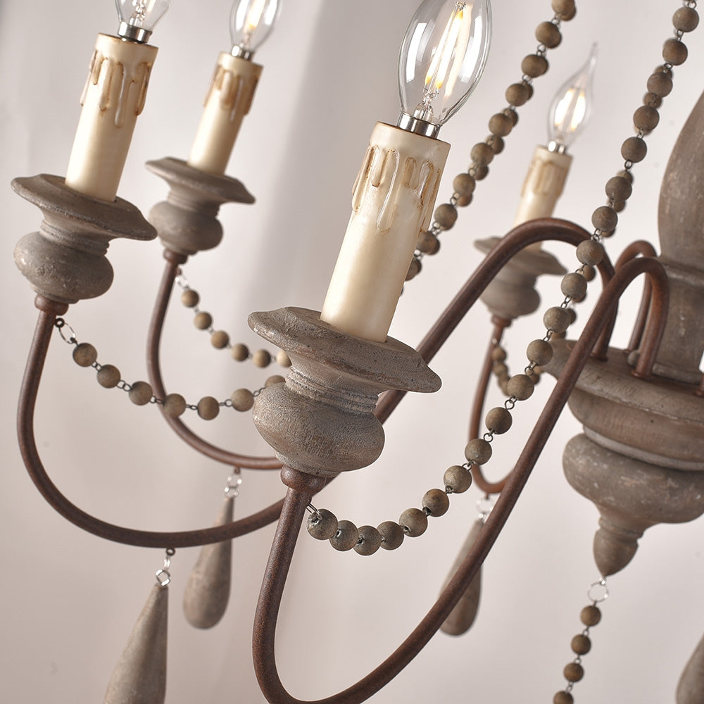 French Country Candle-Style 6-Light Wood Bead Swag 1-Tier Wooden Chandelier Gray
