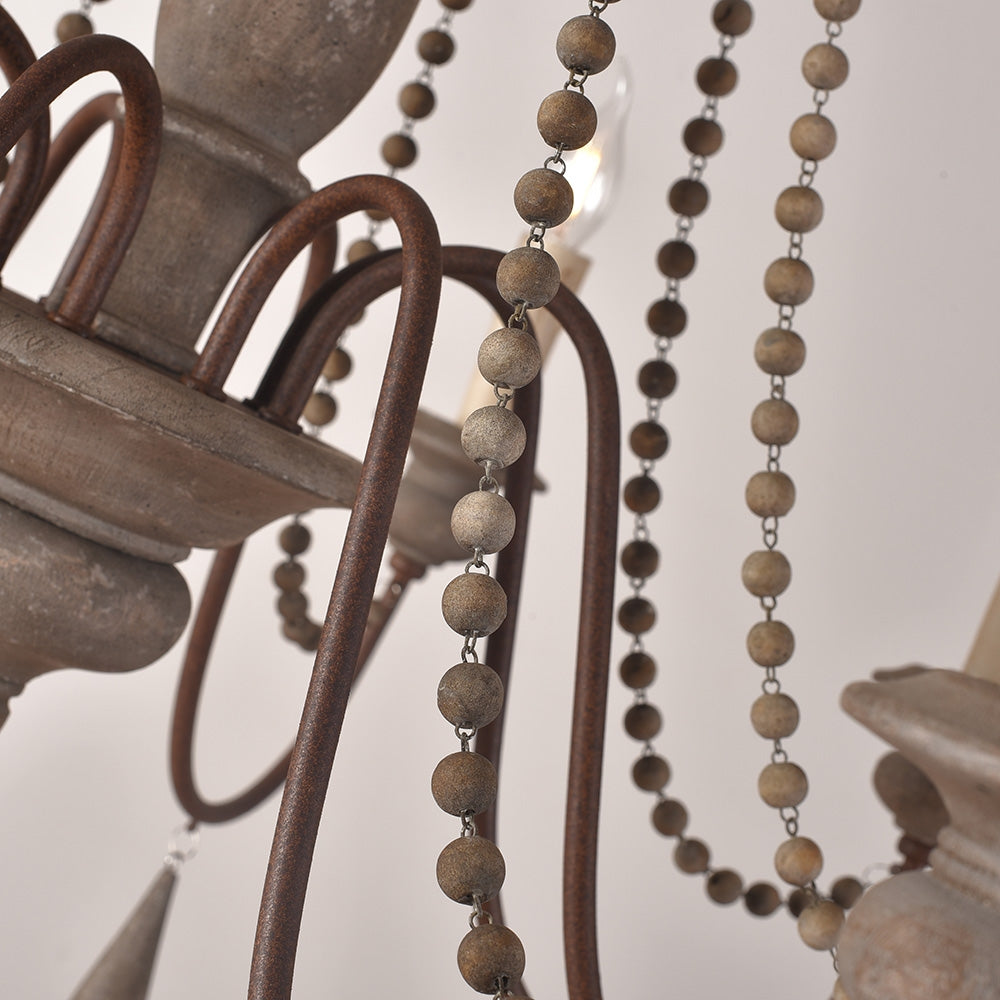 French Country Candle-Style 6-Light Wood Bead Swag 1-Tier Wooden Chandelier Gray