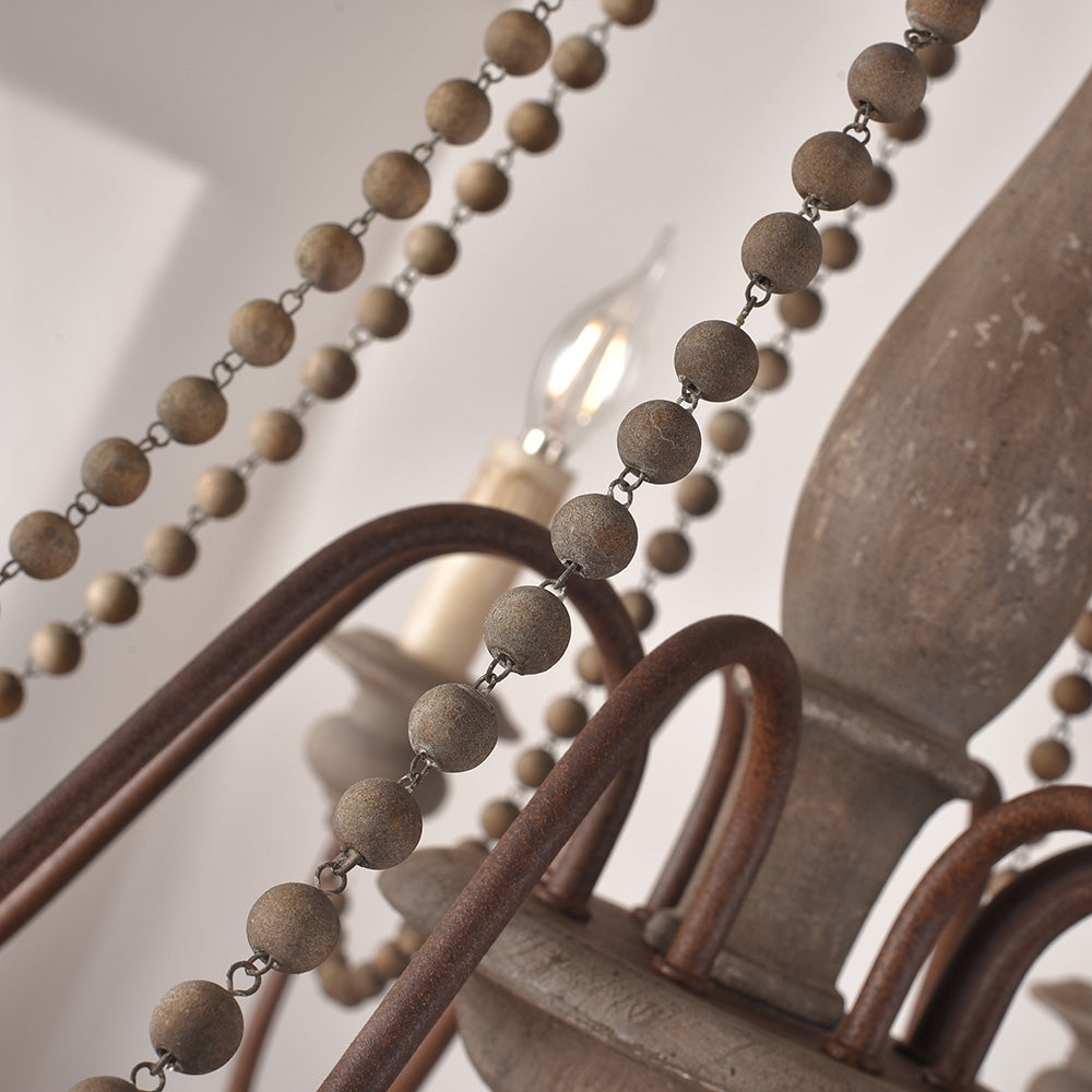French Country Candle-Style 6-Light Wood Bead Swag 1-Tier Wooden Chandelier Gray