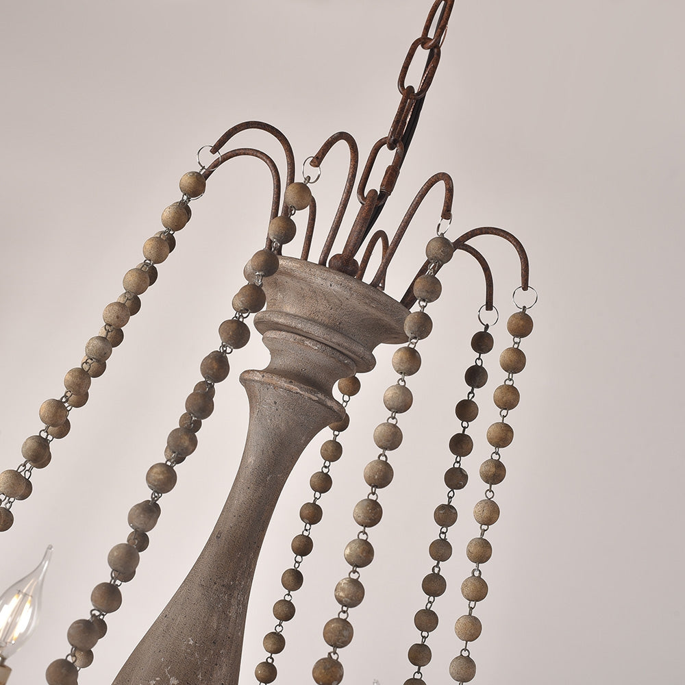 French Country Candle-Style 6-Light Wood Bead Swag 1-Tier Wooden Chandelier Gray