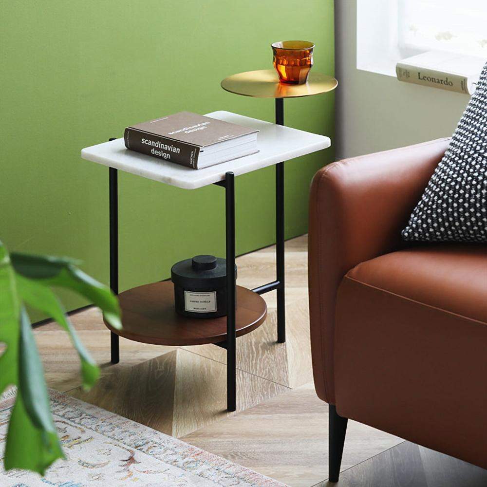 Modern Gold & Walnut & White Wood & Marble End Table with 3 Tiers-Richsoul-End & Side Tables,Furniture,Living Room Furniture