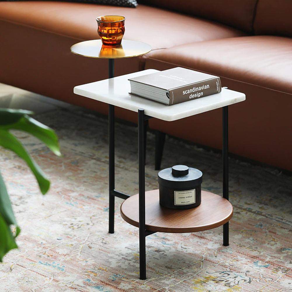 Modern Gold & Walnut & White Wood & Marble End Table with 3 Tiers-Richsoul-End & Side Tables,Furniture,Living Room Furniture