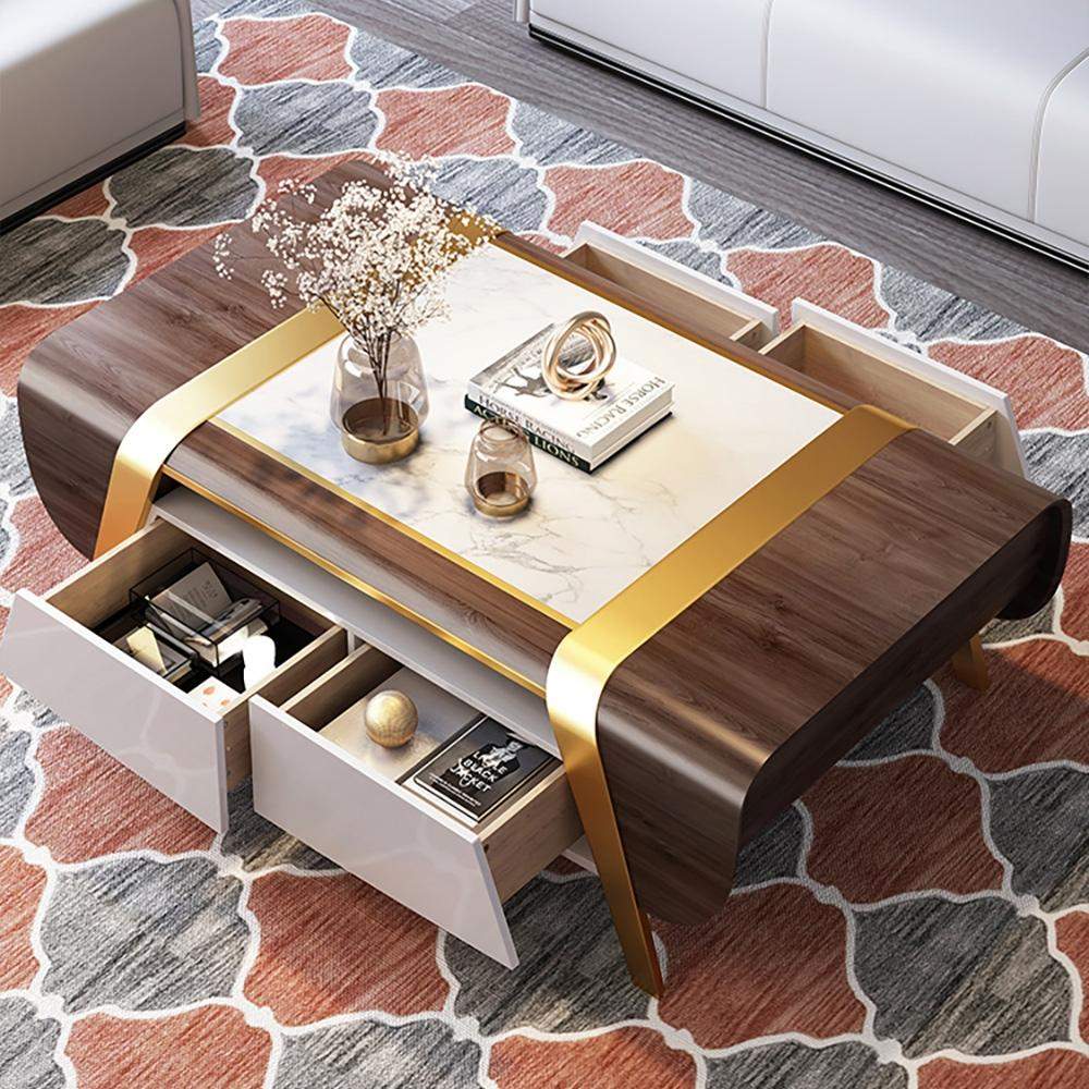 55" Walnut&White Rectangular Coffee Table with Storage 4 Drawers White Faux Marble Top-Richsoul-Coffee Tables,Furniture,Living Room Furniture
