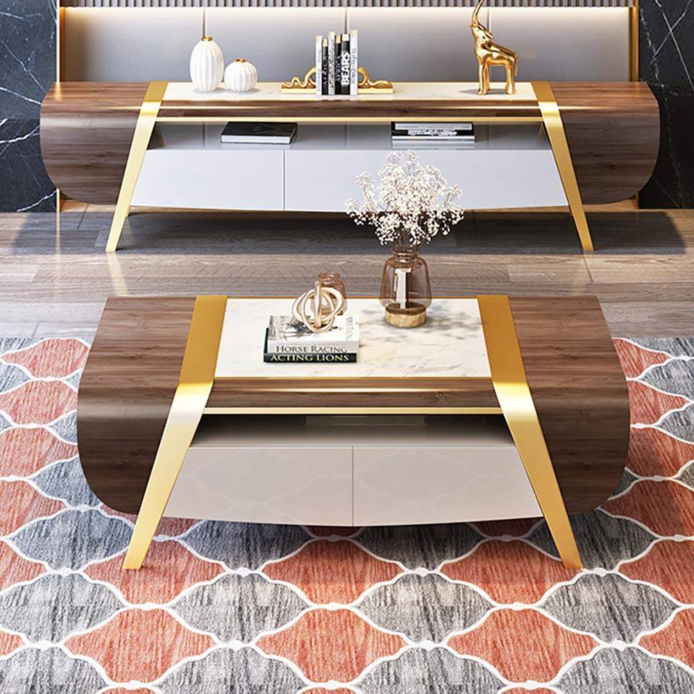 55" Walnut&White Rectangular Coffee Table with Storage 4 Drawers White Faux Marble Top-Richsoul-Coffee Tables,Furniture,Living Room Furniture