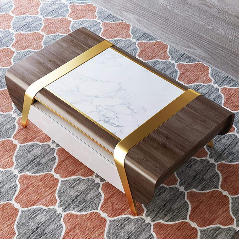55" Walnut&White Rectangular Coffee Table with Storage 4 Drawers White Faux Marble Top-Richsoul-Coffee Tables,Furniture,Living Room Furniture