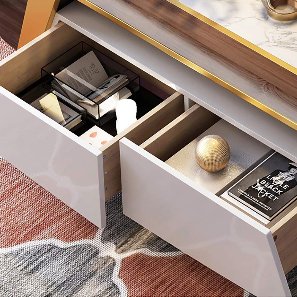 55" Walnut&White Rectangular Coffee Table with Storage 4 Drawers White Faux Marble Top-Richsoul-Coffee Tables,Furniture,Living Room Furniture