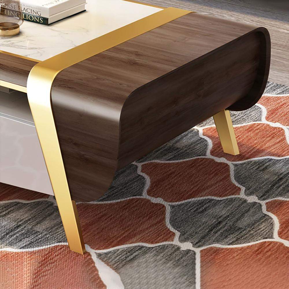 55" Walnut&White Rectangular Coffee Table with Storage 4 Drawers White Faux Marble Top-Richsoul-Coffee Tables,Furniture,Living Room Furniture