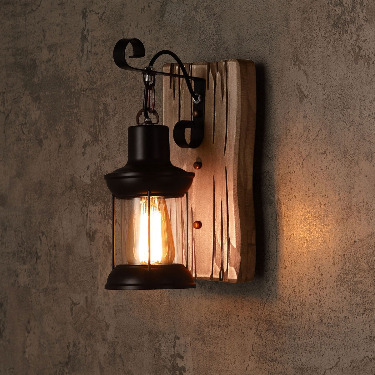 Industrial Cottage Style Metal Clear Glass Lantern 1-Light Wall Light & Wood Backplate