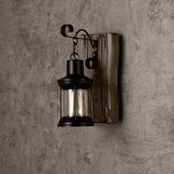 Industrial Cottage Style Metal Clear Glass Lantern 1-Light Wall Light & Wood Backplate