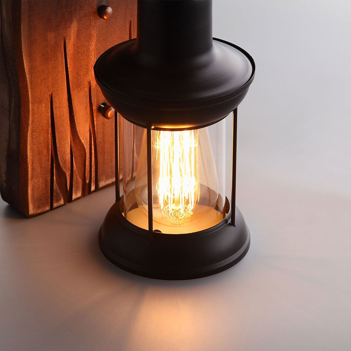 Industrial Cottage Style Metal Clear Glass Lantern 1-Light Wall Light & Wood Backplate