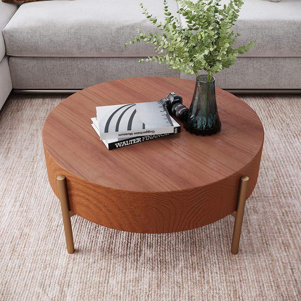 Retro Round Coffee Table with Solid Wood Tabletop Metal Legs-Richsoul-Coffee Tables,Furniture,Living Room Furniture