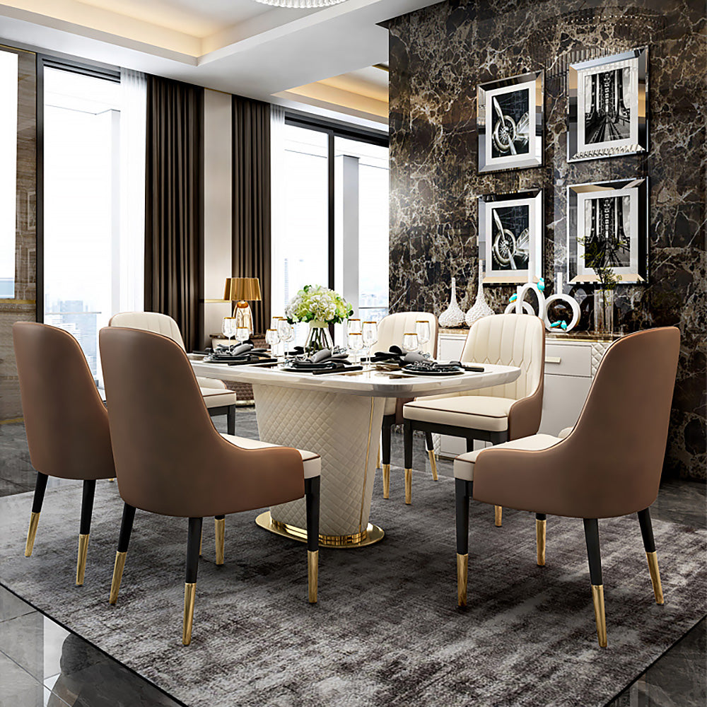 Modern 63" Marble Rectangular Pedestal Dining Table PU Leather & Stainless Steel in Gold