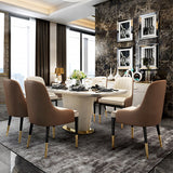 Modern 63" Marble Rectangular Pedestal Dining Table PU Leather & Stainless Steel in Gold