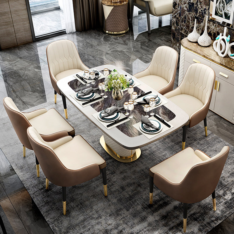 Modern 63" Marble Rectangular Pedestal Dining Table PU Leather & Stainless Steel in Gold