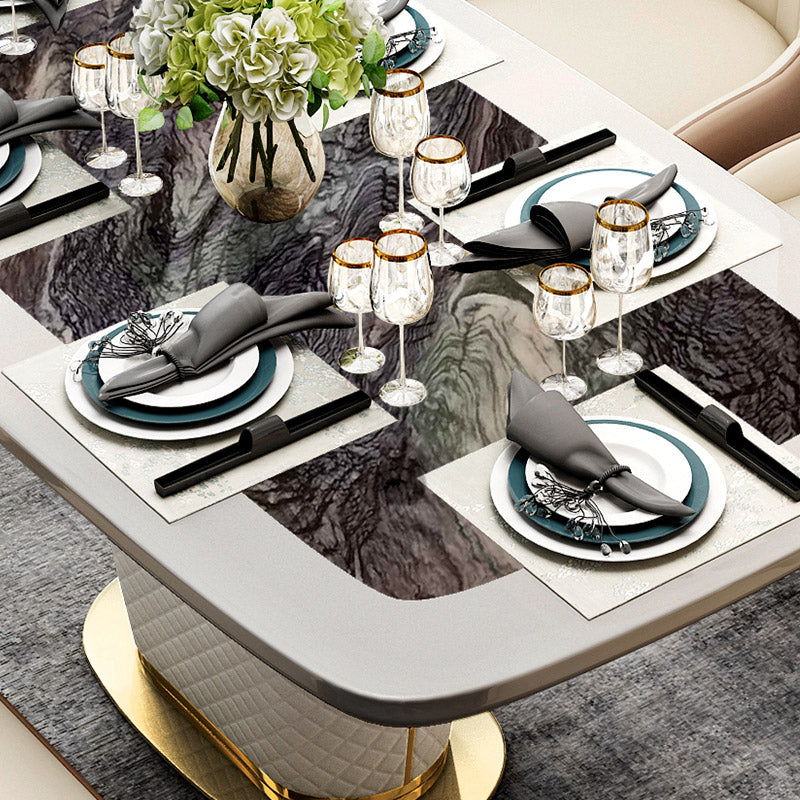 Modern 63" Marble Rectangular Pedestal Dining Table PU Leather & Stainless Steel in Gold